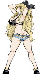 Rule 34 | 1girl, absurdres, anne bonny (fate), anne bonny (fate/grand order), anne bonny (swimsuit archer) (fate), armpits, arms behind head, ass, bikini, black bikini, blonde hair, breasts, brown eyes, colorized, denim, denim shorts, fate/grand order, fate (series), full body, gggg, hat, highres, large breasts, long hair, looking at viewer, looking back, shorts, solo, standing, swimsuit, third-party edit
