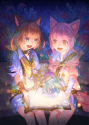 Rule 34 | 2girls, animal ears, bahamut (final fantasy), bell, blush, book, bookmark, brown hair, cat ears, child, choker, dragon, final fantasy, final fantasy xiv, flower, hair bell, hair between eyes, hair ornament, highres, holding, holding book, khloe aliapoh, leviathan (final fantasy), light particles, light rays, miqo&#039;te, moogle, mt (ringofive), multiple girls, night, night sky, open book, open mouth, outdoors, pink eyes, pink hair, pop-up book, red flower, shiva (final fantasy), sitting, sky, sleeves rolled up, smile, star (sky), star (symbol), starry sky, t&#039;kebbe, tongue