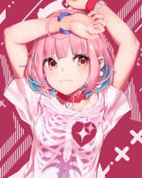 Rule 34 | 1girl, arms up, blue hair, blush, bracelet, collar, earrings, heart on chest, idolmaster, idolmaster cinderella girls, inn0, jewelry, looking at viewer, multicolored hair, pink background, pink eyes, pink hair, red collar, shirt, short hair, skeleton print, solo, t-shirt, two-tone hair, upper body, wristband, yumemi riamu