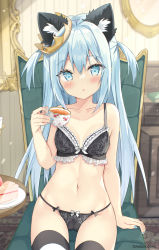 Rule 34 | 1girl, absurdres, animal ear fluff, animal ears, arm support, bare arms, bare shoulders, black bra, black panties, blue eyes, blue hair, blue nails, blush, bow, bow bra, bow panties, bra, breasts, cat ears, collarbone, commentary request, cup, hair between eyes, highres, holding, holding cup, indoors, nail polish, navel, original, panties, parted lips, saeki sora, sitting, small breasts, solo, striped clothes, striped thighhighs, teacup, thighhighs, tilted headwear, two side up, underwear, underwear only