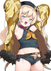 Rule 34 | 1girl, :d, armpits, arms behind head, azur lane, bache (azur lane), belt, blonde hair, blush, breasts, collar, denim, denim shorts, fang, fur trim, hai ookami, hat, jacket, long hair, looking at viewer, midriff, navel, open mouth, purple eyes, sailor collar, sailor hat, shorts, simple background, small breasts, smile, solo, twintails, white background