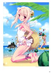 Rule 34 | 1boy, 2girls, :d, :p, absurdres, ankle ribbon, barefoot, beach, blonde hair, brown hair, casual one-piece swimsuit, cloud, day, fate/stay night, fate (series), feet, food, fruit, fujimura taiga, heracles (fate), highres, illyasviel von einzbern, kamiya maneki, kneeling, leg ribbon, long hair, multiple girls, o o, ocean, one-piece swimsuit, open mouth, outdoors, red eyes, ribbon, sand, shinai, short hair, sky, smile, soles, swimsuit, sword, tongue, tongue out, watermelon, weapon