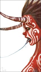 Rule 34 | 1girl, black sclera, bodypaint, brown hair, colored sclera, colored skin, fangs, horns, monster girl, oni, original, profile, red skin, saliva, solo, tahra, tongue, yellow eyes