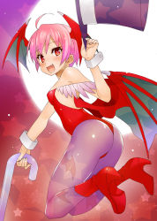 Rule 34 | 1girl, :d, ahoge, animal print, ass, bat print, bat wings, blush, boots, cane, capcom, demon girl, fang, flat chest, hat, head wings, leotard, lilith aensland, looking at viewer, nakamura yukitoshi, open mouth, pantyhose, pink hair, print pantyhose, red eyes, red leotard, short hair, smile, solo, star (symbol), top hat, vampire (game), wings, wrist cuffs