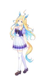 Rule 34 | 1girl, ahoge, animal ears, blonde hair, blue eyes, character request, collarbone, colored inner hair, full body, hair ornament, highres, horse ears, horse girl, horse tail, horseshoe ornament, loafers, long hair, looking at viewer, multicolored hair, neo universe (umamusume), official art, school uniform, shoes, solo, standing, tail, thighhighs, tracen school uniform, two-tone hair, umamusume, white thighhighs