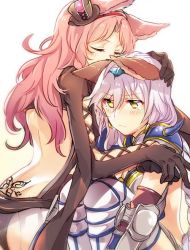 Rule 34 | 10s, 2girls, animal ears, back tattoo, backless outfit, bad id, bad pixiv id, black gloves, blue hairband, blush, catharine (granblue fantasy), closed eyes, comforting, crying, crying with eyes open, erune, gauntlets, gloves, gradient background, granblue fantasy, hairband, hand on another&#039;s head, hat, heles, hugging own legs, knees up, long hair, armored boots, mikan-uji, mini hat, mini top hat, multiple girls, pink hair, red hairband, silver hair, simple background, tattoo, tears, top hat, tramp stamp, yellow eyes, yuri