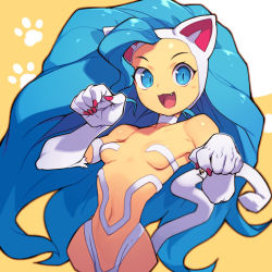 Rule 34 | 1girl, animal ears, animal hands, big hair, blue eyes, blue hair, body fur, cat ears, cat girl, cat tail, choker, claws, fang, felicia (vampire), long hair, metata, navel, paw pose, paw print, revealing clothes, simple background, slit pupils, smile, solo, tail, vampire (game), very long hair, white fur, yellow background