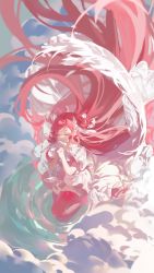 Rule 34 | 1girl, absurdres, blue sky, bow, chinese commentary, closed eyes, cloud, day, dress, expressionless, feathered wings, floating hair, frilled dress, frilled sleeves, frills, from side, full body, hair bow, hands up, highres, interlocked fingers, kaname madoka, layered dress, legs up, long hair, mahou shoujo madoka magica, mahou shoujo madoka magica (anime), midair, outdoors, own hands clasped, own hands together, pink hair, pink thighhighs, praying, short sleeves, sky, solo, song yang yang, thighhighs, two side up, ultimate madoka, very long hair, white dress, white wings, wings