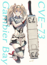 Rule 34 | 1girl, belt, blonde hair, blue eyes, blue shirt, boots, breast pocket, breasts, buttons, collared shirt, commentary, flight deck, gambier bay (kancolle), gloves, hair between eyes, hair ornament, hairband, highres, kantai collection, large breasts, millipen (medium), multicolored clothes, multicolored gloves, personification, pocket, shirt, short sleeves, shorts, solo, tesun (g noh), thigh boots, thighhighs, traditional media, twintails, watercolor pencil (medium), white background, white thighhighs