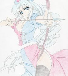 Rule 34 | 1girl, alice-star, arrow (projectile), black thighhighs, blue eyes, blue hair, bow (weapon), breasts, cleavage, drawing bow, female focus, hat, highres, holding, holding bow (weapon), holding weapon, large breasts, long hair, matching hair/eyes, nurse cap, open clothes, open shirt, shirt, solo, thighhighs, touhou, very long hair, weapon, yagokoro eirin