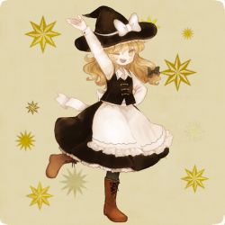 Rule 34 | 1girl, bad id, bad pixiv id, black pantyhose, blonde hair, blush, boots, braid, female focus, hat, kirisame marisa, long hair, one eye closed, open mouth, pantyhose, skirt, smile, solo, star (symbol), touhou, wink, witch, witch hat, yellow eyes, yujup