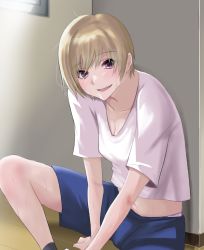 Rule 34 | 1girl, against wall, blonde hair, blue shorts, breasts, cleavage, collarbone, exhausted, hair between eyes, hunched over, idolmaster, idolmaster shiny colors, indoors, looking at viewer, medium breasts, messy hair, midriff, open mouth, out type (outtypeex), panties, panty peek, pink eyes, pink shirt, saijo juri, shirt, short hair, short sleeves, shorts, sitting, smile, socks, solo, spread legs, sweat, t-shirt, underwear