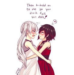 Rule 34 | 2girls, black hair, blue eyes, blush, breasts, couple, dancing, dress, embarrassed, eye contact, face-to-face, grey eyes, hair ornament, heart, hug, looking at another, multicolored hair, multiple girls, nobyas, open mouth, ponytail, red dress, red hair, ruby rose, rwby, short hair, shy, side ponytail, spoken heart, two-tone hair, wavy mouth, weiss schnee, white hair, yuri