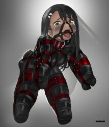 Rule 34 | 1girl, absurdres, all fours, artist name, bdsm, bitchsuit, black bodysuit, black hair, blush, bodysuit, bondage, bound, breasts, chain, collar, crying, crying with eyes open, drooling, earclip, fang, from below, gag, gagged, gradient background, hair between eyes, hair ornament, hairpin, harness gag, highres, human dog, ijiranaide nagatoro-san, latex, latex bodysuit, long hair, looking at viewer, lumpychan, nagatoro hayase, pet play, piddlefours, red collar, ring gag, saliva, shiny clothes, sidelocks, simple background, small breasts, solo, straight hair, tears, tongue, tongue out