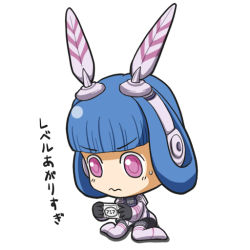 Rule 34 | 1girl, alfa system, android, black gloves, blue hair, blunt bangs, boots, chibi, frown, gloves, hair rings, handheld game console, looking down, meta, phantasy star, phantasy star portable, phantasy star universe, playing games, playstation portable, red eyes, robot ears, serious, simple background, sitting, solo, sweatdrop, text focus, thigh boots, thighhighs, video game, vivienne, vivienne (phantasy star), wariza, white background
