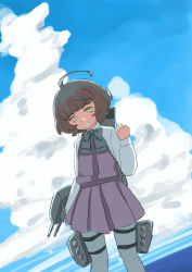 Rule 34 | 1girl, absurdres, adapted turret, ahoge, aqua bow, aqua bowtie, blue sky, blunt bangs, bow, bowtie, brown eyes, brown hair, cannon, cloud, dress, grey pantyhose, highres, kantai collection, kishinami (kancolle), long sleeves, looking at viewer, one-hour drawing challenge, pantyhose, pleated dress, purple dress, school uniform, seamed legwear, shirt, short hair, side-seamed legwear, sky, solo, standing, toplow, torpedo launcher, turret, wavy hair, white shirt