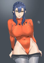 Rule 34 | 1girl, :p, absurdres, artist logo, artist name, blue hair, braid, breasts, clothes pull, covered navel, cowboy shot, dark blue hair, french braid, grey background, grey pantyhose, gundam, gundam suisei no majo, hair between eyes, highleg, highres, large breasts, leotard, licking lips, looking at viewer, orange leotard, pantyhose, pantyhose pull, pulling own clothes, sabina fardin, solo, standing, thighs, tierla, tongue, tongue out, yellow eyes