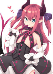 Rule 34 | 1girl, black shirt, black skirt, blue eyes, blush, breasts, detached sleeves, dragon girl, dragon horns, elizabeth bathory (fate), elizabeth bathory (fate/extra ccc), elizabeth bathory (first ascension) (fate), fang, fate/extra, fate/extra ccc, fate/grand order, fate (series), finger cots, hand on own hip, hand to own mouth, horns, long hair, open mouth, red hair, ribbon, rururiaru, shirt, simple background, skirt, small breasts, smile, solo, white background, white sleeves