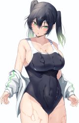 Rule 34 | 1girl, :o, bare shoulders, black hair, black one-piece swimsuit, blush, breasts, cleavage, collarbone, covered navel, cowboy shot, gradient background, green eyes, green hair, highres, jacket, large breasts, long sleeves, love live!, love live! nijigasaki high school idol club, medium hair, multicolored hair, namazu (yamasonson), off shoulder, one-piece swimsuit, sideboob, simple background, solo, swimsuit, takasaki yu, thighs, twintails, wet, white background, white jacket