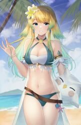 Rule 34 | 1girl, aqua bikini, armband, beach, bikini, blonde hair, blue eyes, breasts, character doll, commentary, doiparuni, earrings, english commentary, feh (fire emblem heroes), fire emblem, fire emblem heroes, fjorm (fire emblem), fjorm (ice ascendant) (fire emblem), fjorm (summer) (fire emblem), flower, hair flower, hair ornament, twirling hair, highres, inflatable toy, jewelry, long hair, looking at viewer, medium breasts, nintendo, official alternate costume, official alternate hairstyle, parted lips, smile, solo, swimsuit