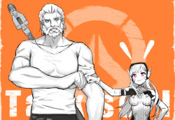 Rule 34 | 1boy, 1girl, alternate eye color, animal print, arm at side, beard, blue eyes, bodysuit, breasts, casual, collarbone, covered navel, d.va (overwatch), facepaint, facial hair, facial mark, fist bump, gloves, grin, hand on own hip, headphones, high collar, lino chang, logo, long hair, looking at another, manly, medium breasts, multiple monochrome, muscular, orange background, overwatch, overwatch 1, parted lips, pilot suit, pink eyes, rabbit print, reinhardt (overwatch), ribbed bodysuit, shirt, shoulder pads, sketch, skin tight, smile, spot color, swept bangs, t-shirt, upper body, whisker markings