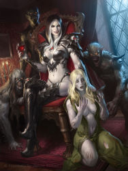 Rule 34 | 2girls, black hair, blonde hair, blood, boots, breasts, candle, center opening, chair, cleavage, cup, elf, fangs, high heel boots, high heels, james ryman, jewelry, legend of the cryptids, midriff, monster, multicolored hair, multiple girls, nail polish, navel, official art, open mouth, pointy ears, red eyes, ring, sitting, skull, tree, two-tone hair, vampire, white hair, window