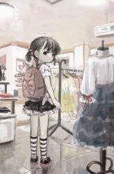 1girl absurdres animal_bag arikomen backpack bag black_footwear black_hair black_skirt brown_eyes closed_mouth clothes_hanger from_behind hair_bobbles hair_ornament highres indoors looking_at_viewer looking_back original reflection shirt shoes shop short_sleeves short_twintails skirt socks solo standing striped_clothes striped_socks tied_shirt tile_floor tiles twintails white_shirt