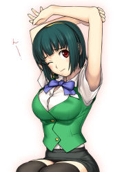 Rule 34 | 1girl, armpits, arms up, black thighhighs, bow, bowtie, breasts, green hair, hairband, headset, idolmaster, idolmaster (classic), large breasts, mole, mole under mouth, o/, one eye closed, otonashi kotori, outstretched arms, pencil skirt, red eyes, short hair, simple background, sitting, skirt, solo, tanaka shoutarou, thighhighs, vest, wink