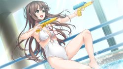 Rule 34 | 1girl, :d, armpits, bare arms, bare legs, barefoot, blue eyes, blush, breasts, brown hair, casual one-piece swimsuit, cleavage, dual wielding, floating hair, fuyu kiss, game cg, holding, holding water gun, indoors, long hair, medium breasts, one-piece swimsuit, open mouth, pool, shinomiya touka, sidelocks, smile, solo, straight hair, sunlight, swimsuit, unasaka ryou, very long hair, water gun, white one-piece swimsuit