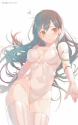 Rule 34 | 1girl, absurdres, arm strap, bare shoulders, black hair, blurry, blush, breasts, covered navel, cowboy shot, dated, depth of field, floating hair, gloves, green eyes, highleg, highleg leotard, highres, hip focus, legs together, leotard, long hair, medium breasts, original, parted lips, simple background, solo, strapless, strapless leotard, striped clothes, striped thighhighs, thighhighs, thighs, torano, white gloves, white leotard, white thighhighs