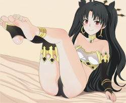 Rule 34 | 1girl, aruman, black hair, blush, earrings, fate/grand order, fate (series), feet, ishtar (fate), jewelry, legs up, long hair, looking at viewer, red eyes, smile, soles, solo, toes