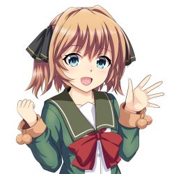 Rule 34 | 1girl, blue eyes, blush, brown hair, green jacket, hachijou (kancolle), hair between eyes, hair ribbon, highres, jacket, kantai collection, long sleeves, looking at viewer, open mouth, red neckwear, ribbon, short hair, simple background, solo, tk8d32