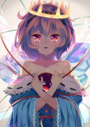 Rule 34 | 1girl, backlighting, bare shoulders, blouse, blue shirt, blush, chromatic aberration, clothes pull, collarbone, crown, frilled shirt, frills, heart, highres, holding, igayan, komeiji satori, long sleeves, looking at viewer, off shoulder, pink hair, red eyes, ribbon-trimmed collar, ribbon trim, shirt, shirt pull, solo, teardrop, tearing up, third eye, touhou, upper body