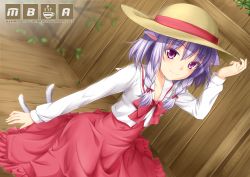 Rule 34 | 1girl, animal ears, braid, cat ears, cat tail, dutch angle, from above, hair ribbon, hat, highres, kopianget, leaning forward, looking at viewer, original, purple eyes, purple hair, ribbon, short hair, smile, solo, straw hat, tail, twin braids