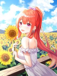 Rule 34 | 1girl, :d, absurdres, bare shoulders, bow, breasts, cloud, commentary, day, dress, facing to the side, fence, field, flower, flower field, hair bow, highres, holding, holding flower, huge filesize, leaning, long hair, looking at viewer, medium breasts, off-shoulder dress, off shoulder, open mouth, orange hair, original, outdoors, ponytail, purple eyes, ribbon, sidelocks, silverrain 72, sleeveless, smile, sundress, sunflower, sunflower field, symbol-only commentary, white dress