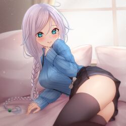 Rule 34 | 1girl, absurdres, alternate costume, ass, black skirt, black thighhighs, blue eyes, blue sweater, blush, braid, breasts, closed mouth, feet out of frame, grey hair, highres, indoors, kantai collection, large breasts, long hair, long sleeves, mole, mole under eye, nuka (nvkka), pleated skirt, single braid, skirt, smile, solo, sweater, thighhighs, umikaze (kancolle), window
