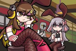 Rule 34 | 1boy, 2girls, animal ears, bar (place), bartender, bell, black leotard, blonde hair, bow, bowtie, breasts, brown hair, crossed legs, cup, detached collar, dog ears, drinking, drinking straw, fake animal ears, fishnet pantyhose, fishnets, grey eyes, grey hair, hair bell, hair ornament, hair ribbon, hairclip, hand on own chin, hand on own face, leotard, long hair, multicolored hair, multiple girls, nervous, on chair, panty &amp; stocking with garterbelt, pantyhose, parody, playboy bunny, rabbit ears, rabbit tail, red footwear, red leotard, ribbon, shoes, short twintails, sitting, small breasts, streamer, style parody, sweat, sweatdrop, taemtaembeorin, tail, tam tambourine, tubo (streamer), twintails, wrist cuffs, yangazi (dkwl025), yellow eyes