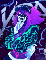 Rule 34 | 1girl, akali, baseball cap, bodypaint, bracelet, commentary, covered mouth, cropped jacket, crossed arms, cunnilingus gesture, english commentary, graffiti, guttertongue, hat, hood, hooded jacket, idol, inverted colors, jacket, jewelry, k/da (league of legends), k/da akali, league of legends, looking at viewer, mask, medium hair, midriff, mouth mask, navel, neon, purple hair, solo, spray can, toned, yellow eyes