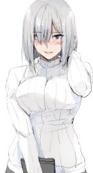 Rule 34 | 1girl, aged up, blue eyes, breasts, grey hair, hair ornament, hair over one eye, hairclip, hamakaze (kancolle), highres, kantai collection, large breasts, ribbed sweater, short hair, simple background, solo, sweater, upper body, white background, white sweater, zekkyon