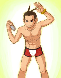 Rule 34 | 1boy, ace attorney, ahoge, antenna hair, apollo justice, bad id, bad pixiv id, blush, bracelet, briefs, brown eyes, brown hair, capcom, fingernails, full body, highres, jewelry, male focus, male underwear, muscular, navel, outline, red male underwear, solo, topless male, torte (triggerhappy), underwear