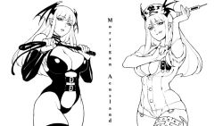 Rule 34 | 2girls, alternate costume, blunt bangs, bondage outfit, breasts, character name, choker, cleavage, commentary, detached sleeves, dominatrix, dress, dual persona, english commentary, fishine, greyscale, hat, head wings, holding, holding whip, large breasts, latex, leotard, licking lips, lineart, long hair, monochrome, morrigan aensland, multiple girls, no bra, nurse, nurse cap, pointy ears, short dress, syringe, thick thighs, thigh strap, thighhighs, thighs, tongue, tongue out, vampire (game), whip, wings