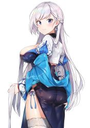 Rule 34 | 1girl, absurdres, alternate costume, ass, asymmetrical bangs, azur lane, back, backless dress, backless outfit, belfast (azur lane), belfast (iridescent rosa) (azur lane), belfast (iridescent rosa) (azur lane), blue eyes, blue panties, blush, braid, breasts, chain, china dress, chinese clothes, closed mouth, collar, cowboy shot, dress, earrings, from behind, glint, heart, heart earrings, highres, jewelry, large breasts, long hair, looking at viewer, looking back, panties, pantylines, pelvic curtain, ring, side-tie panties, silver hair, simple background, smile, solo, thighhighs, thighs, underwear, white background, white thighhighs, yayoichi (yoruyoru108)