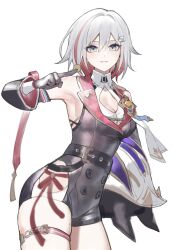 Rule 34 | 1girl, armpits, bare shoulders, belt, black belt, blue eyes, coin, cowboy shot, detached sleeves, gloves, highres, holding, holding coin, honkai: star rail, honkai (series), long sleeves, multicolored hair, numby (honkai: star rail), red hair, short hair, simple background, standing, streaked hair, thigh strap, thighs, thotep, topaz (honkai: star rail), trotter (honkai: star rail), white background, white hair