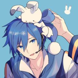 Rule 34 | 1boy, akiyoshi (tama-pete), animal, animal on head, blue background, blue eyes, blue hair, blue neckwear, blue ribbon, blue scarf, blue theme, blush stickers, close-up, coat, collarbone, facing viewer, hair between eyes, hand up, head tilt, headset, high collar, kaito (vocaloid), light smile, looking at animal, looking up, lowres, male focus, on head, parted lips, pom pom (clothes), rabbit, rabbit on head, rabbit yukine, ribbon, scarf, simple background, trait connection, tsurime, upper body, vocaloid, white coat