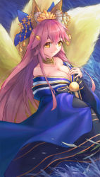Rule 34 | 1girl, animal ear fluff, animal ears, bell, blue kimono, breasts, cleavage, collarbone, crown, fate/grand order, fate (series), fox ears, fox girl, fox tail, japanese clothes, kimono, large breasts, light smile, long hair, looking at viewer, multiple tails, official alternate costume, outdoors, pink hair, solo, tail, tamamo (fate), tamamo no mae (fate/extra), tamamo no mae (third ascension) (fate), very long hair, yellow eyes