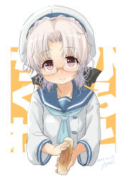 Rule 34 | 1girl, absurdres, blue neckerchief, blue sailor collar, blue skirt, brown eyes, chikuwa, commentary request, food, fyuo, glasses, gloves, grey hair, hat, highres, hirato (kancolle), holding, kantai collection, long sleeves, neckerchief, one-hour drawing challenge, sailor collar, sailor hat, school uniform, serafuku, short hair, skirt, solo, upper body, wavy hair, white gloves, white hat