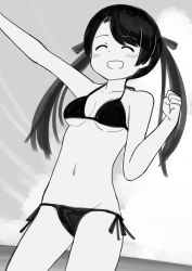 Rule 34 | 1girl, alternate breast size, arm up, bikini, breasts, closed eyes, cowboy shot, greyscale, highres, kantai collection, long hair, mikuma (kancolle), monochrome, open mouth, side-tie bikini bottom, small breasts, smile, solo, standing, string bikini, swimsuit, twintails, yotubawatane
