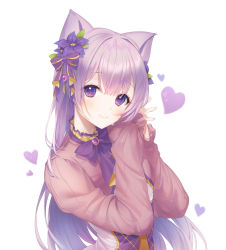 Rule 34 | 1girl, a20 (atsumaru), blush, bow, brooch, brown bow, brown shirt, closed mouth, commission, dress, flower, hair between eyes, hair bow, hair flower, hair ornament, hands up, heart, highres, jewelry, long sleeves, looking at viewer, original, own hands together, puffy long sleeves, puffy sleeves, purple bow, purple eyes, purple flower, purple hair, shirt, sidelocks, sleeves past wrists, smile, solo, striped, striped bow, white dress
