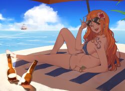 Rule 34 | 1girl, adjusting eyewear, beach, bikini, breasts, commentary, earrings, flower, hair flower, hair ornament, highres, jewelry, large breasts, long hair, looking at viewer, lying, nami (one piece), one eye closed, one piece, open mouth, orange hair, shade of trees, sideboob, smile, solo, sunglasses, swimsuit, tattoo