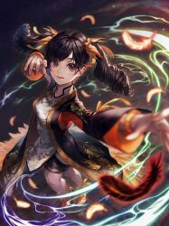 Rule 34 | 1girl, absurdres, black hair, black shorts, blurry, bracelet, bright pupils, chinese clothes, commentary request, depth of field, falling feathers, feathers, fighting stance, from above, full body, highres, jewelry, light blush, ling xiaoyu, long hair, looking at viewer, mahos san, parted lips, red eyes, shorts, smile, solo, standing, tekken, tekken 8, twintails, wide sleeves